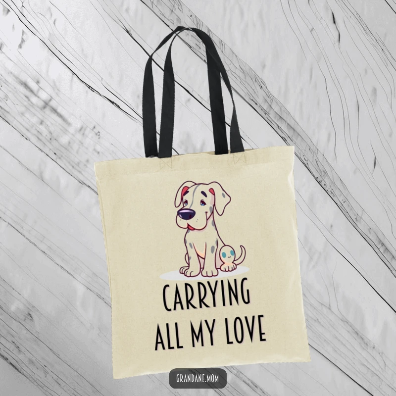 Funny Grand Dane tote bag featuring a friendly dog leaning for affection, a durable and humorous accessory for dog enthusiasts.