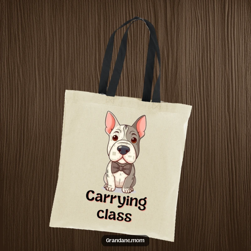Funny tote bag showcasing a distinguished Grand Dane sporting a neat bow tie, ideal for stylish and humorous dog enthusiasts.