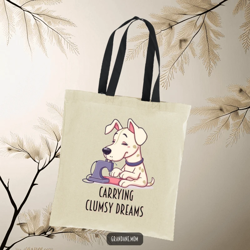 Funny Grand Dane hilariously attempting to sew a small button with comically large needles, featured on a durable tote bag.