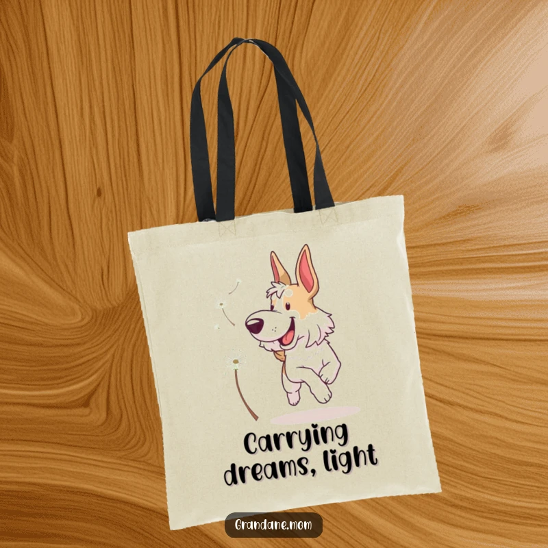 Funny Grand Dane Tote Bag: A large, elegant dog joyfully leaping to catch a wispy dandelion seed against a simple background.