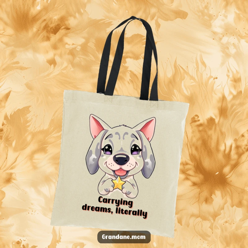 Funny Grand Dane tote bag, durable shopper with a happy dog holding a sparkling star, practical and amusing.