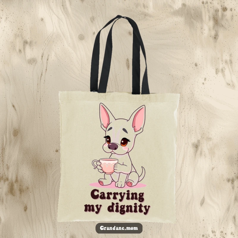 Funny Grand Dane Tote Bag depicting a graceful dog holding a teacup, blending sophistication with everyday utility for dog lovers.