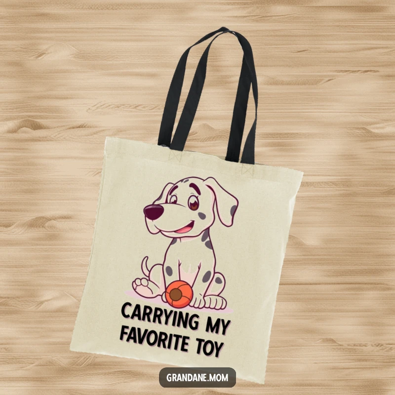 Funny Grand Dane tote bag showing a dog in a playful bounce, happily engaged with its toy.