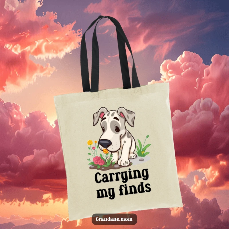 Funny Grand Dane tote bag showing a large dog curiously sniffing a garden patch, perfect for carrying supplies and smiles.