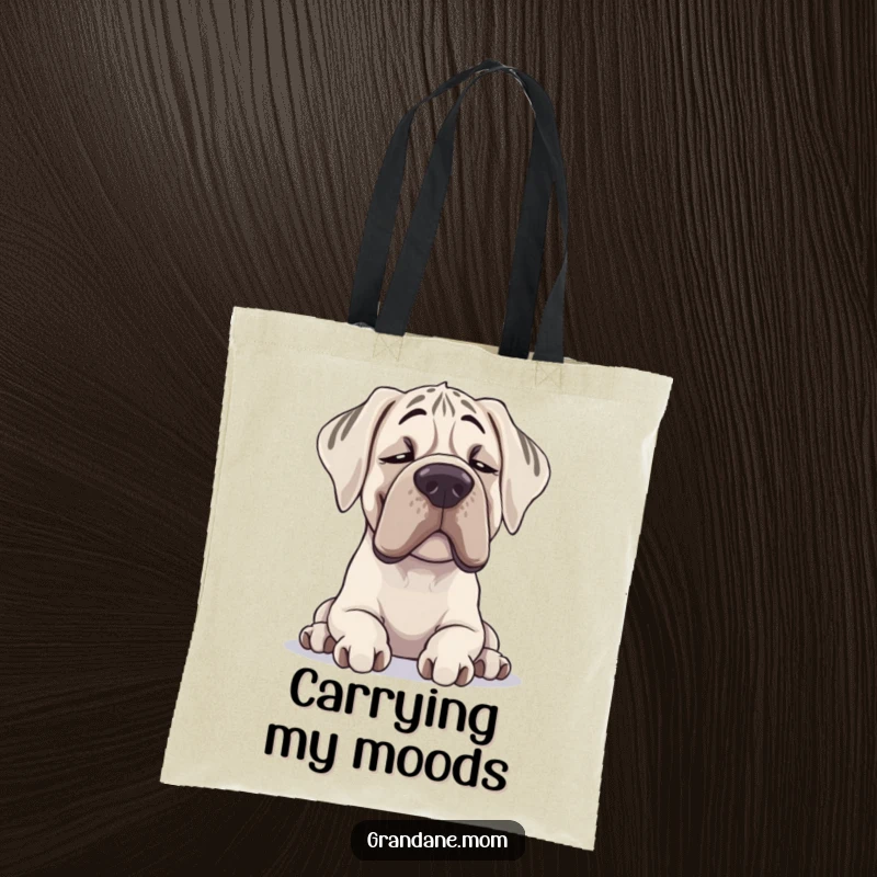 Funny Grand Dane tote bag with a contented sighing dog illustration, ideal for carrying groceries or daily items humorously.