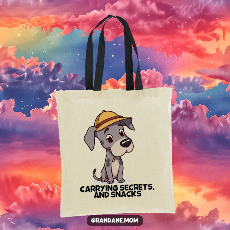 Funny Great Dane detective tote bag, practical for carrying items, featuring a dog pondering a clue, a fun gift.