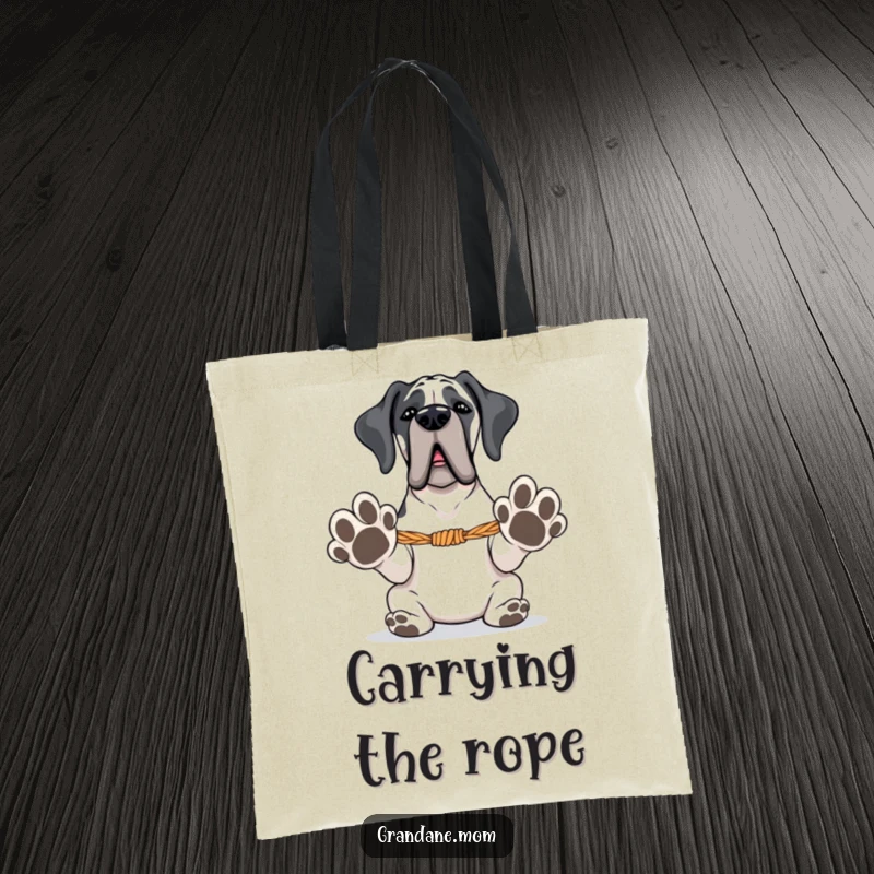 Funny Grand Dane tote bag showing a large dog with paws extended, ready for tug-of-war, perfect for carrying items.