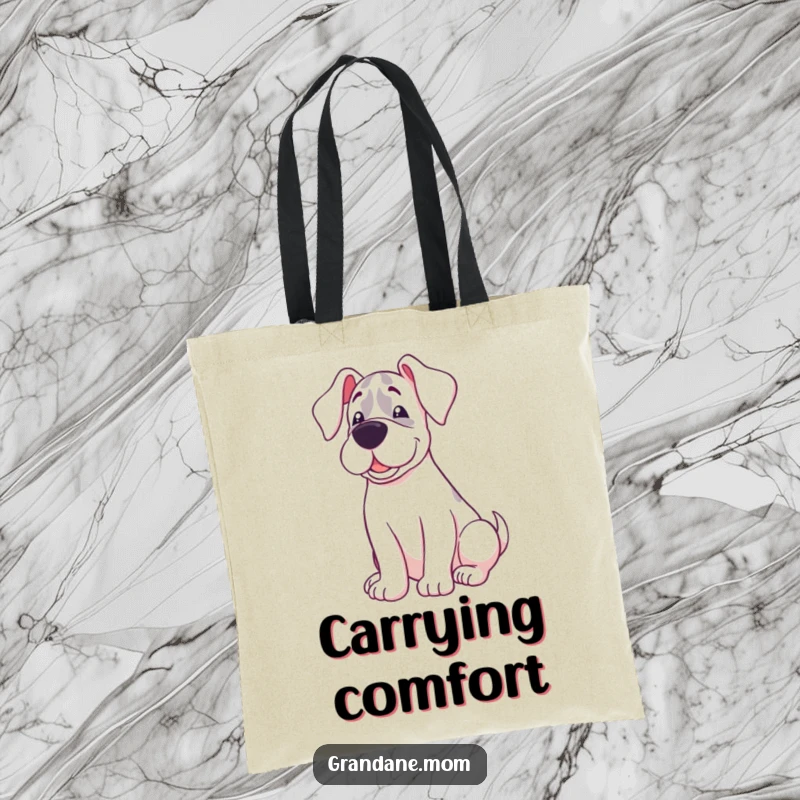 Funny tote bag illustrating a Grand Dane with a sweet expression, curled up comfortably and happily resting.