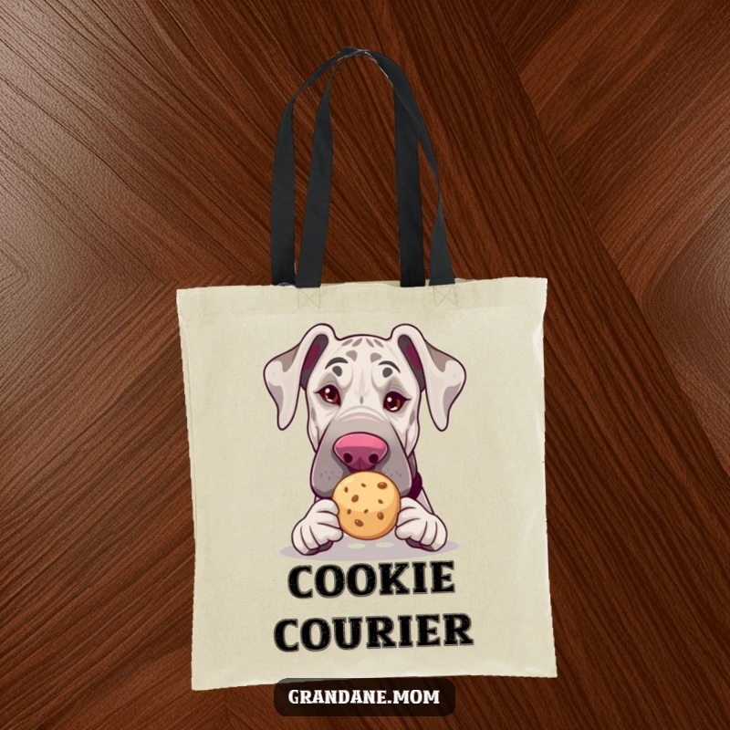 Funny Grand Dane tote bag, winking and holding a tea cookie, stylish and humorous dog accessory, great funny gift.