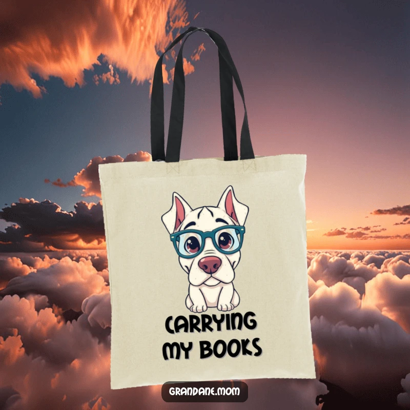 Funny Grand Dane Tote Bag: A Grand Dane with oversized glasses peers curiously, carrying your belongings with humorous, intellectual style.
