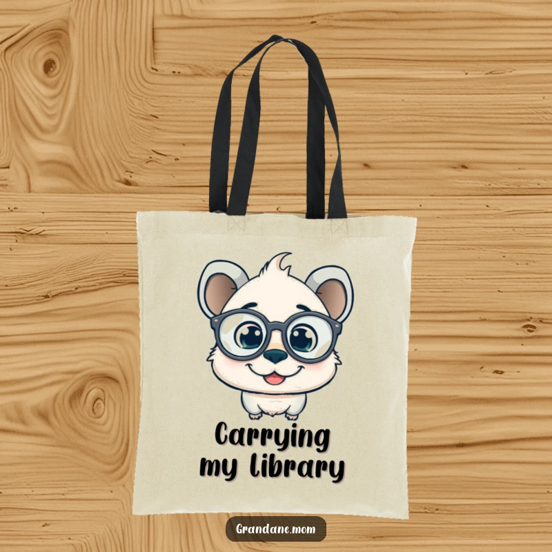 Funny daniff tote bag with a smiling pup wearing oversized spectacles and a curious gaze, ideal for carrying books and smart ideas.