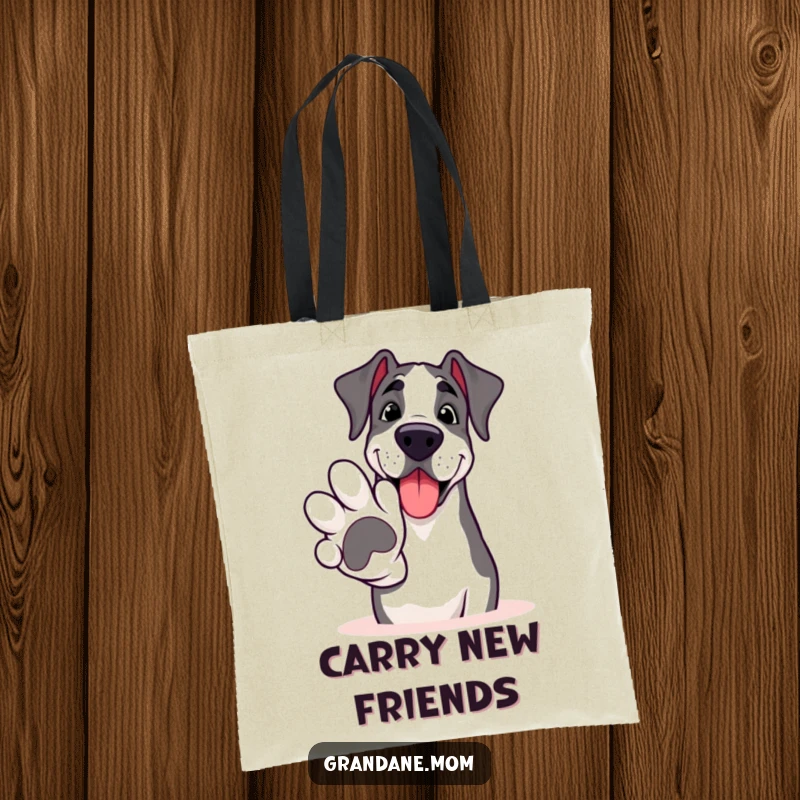 Funny Grand Dane tote bag, smiling and extending a huge paw for a friendly greeting, perfect for carrying daily essentials.