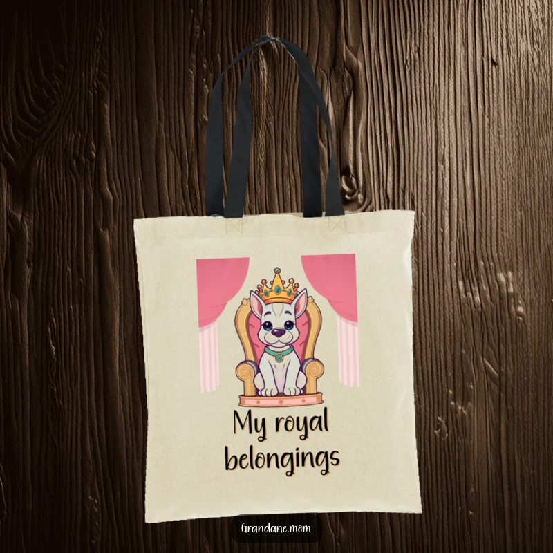 Funny Grand Dane King Tote Bag depicting a crowned Grand Dane dog sitting regally on a throne, ready for royal duties.