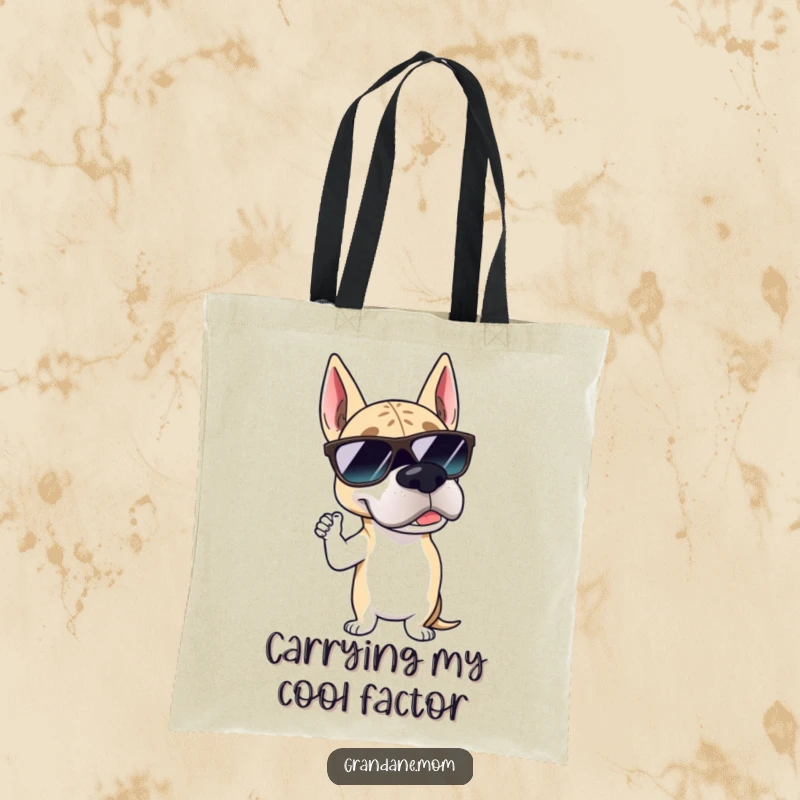 Funny Grand Dane sunglasses tote bag with a large dog wearing cool shades, striking a suave pose, perfect for everyday use.