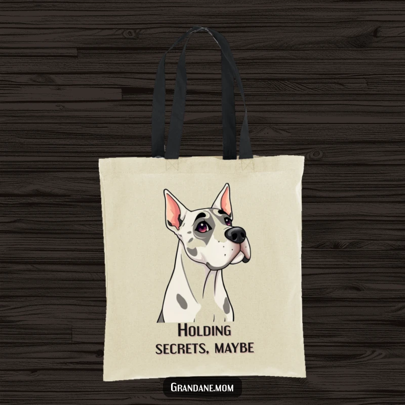 Funny Grand Dane tote bag featuring a curious dog tilting its head, ideal for carrying items with canine charm.