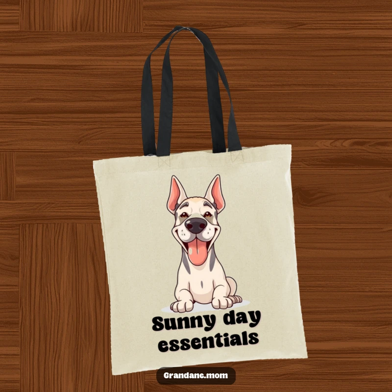 Funny Grand Dane tote bag with a happy, panting dog enjoying the sunshine, great for shopping or beach days.