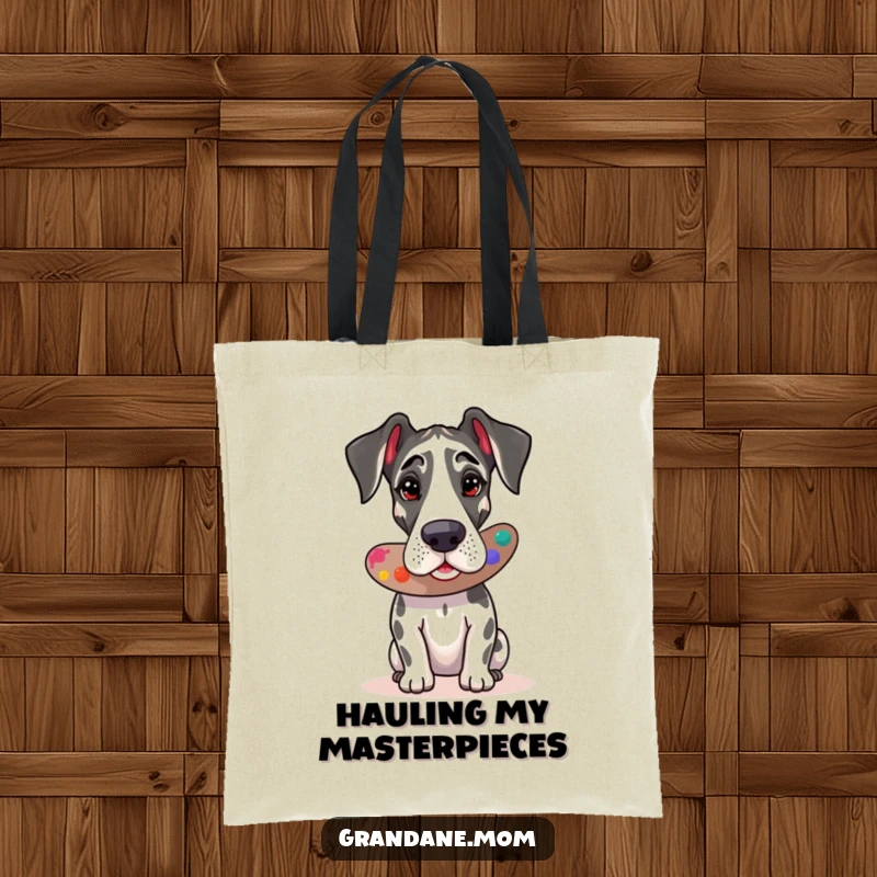 Funny Great Dane artist tote bag, practical for carrying supplies, featuring a dog and art palette, a fun gift.