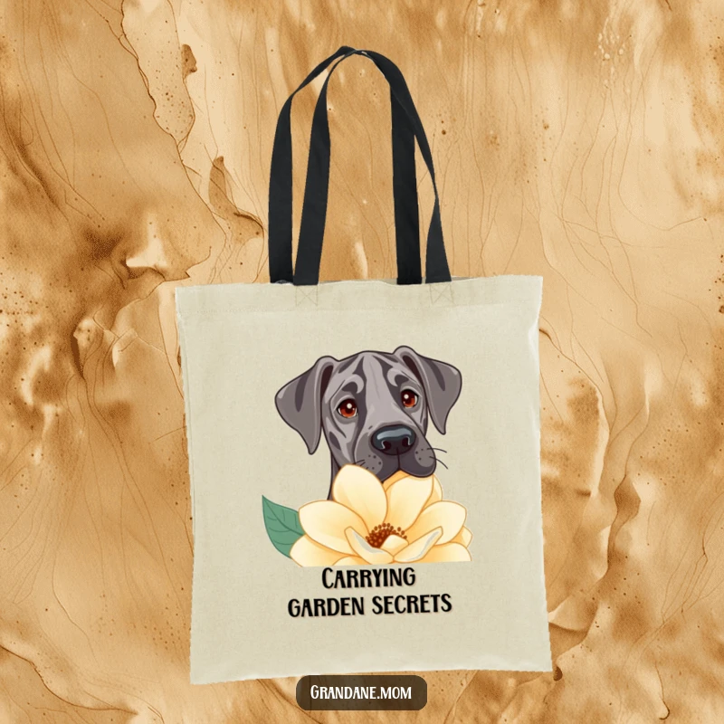 Funny Tote Bag showcasing a Great Dane with gentle eyes curiously peeking over a large, beautiful flower, adding charm.