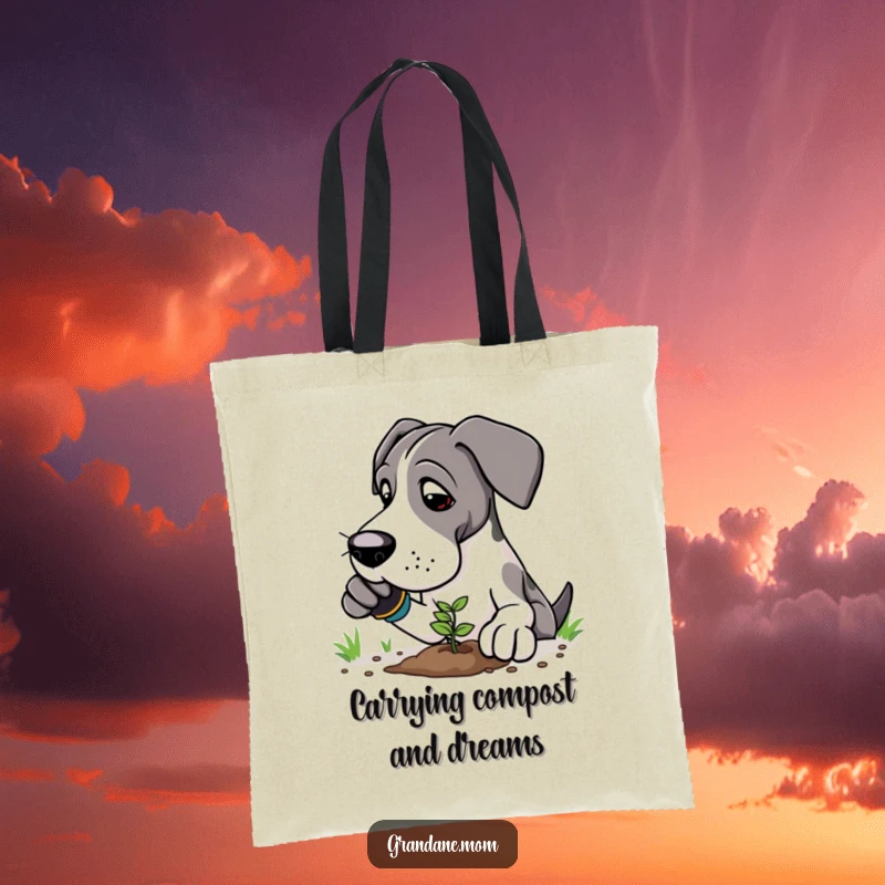 Funny Great Dane gardener tote bag with a big dog in gloves planting a tiny seedling, perfect for garden lovers.