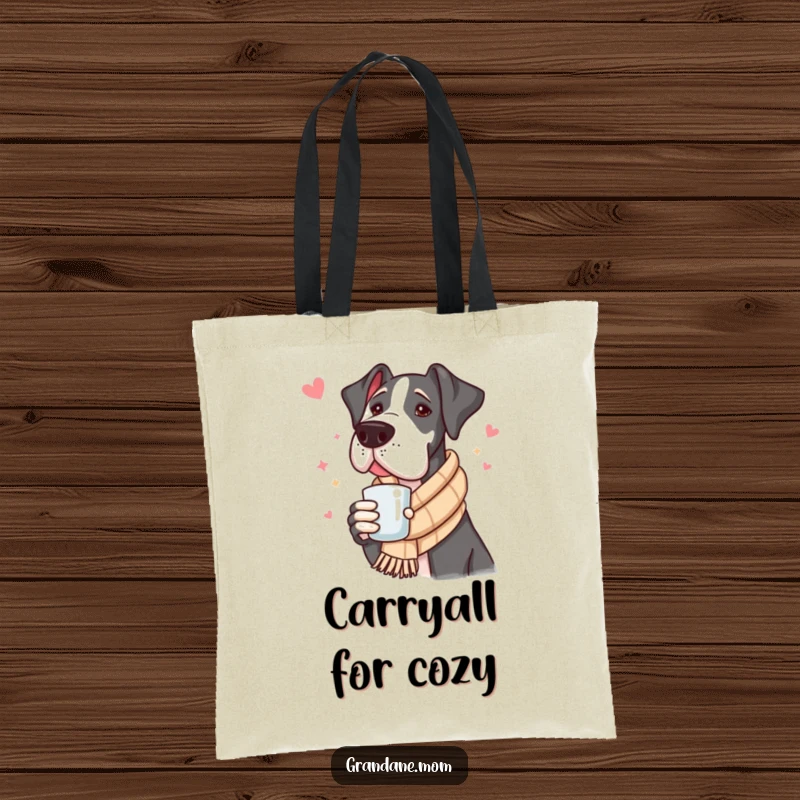 Funny Great Dane Tote Bag: A cute Great Dane wearing a scarf carries a warm drink, perfect for stylish, humorous errands.