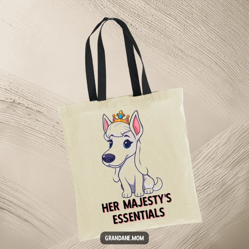 Funny Grand Dane tiara tote bag with a large dog wearing a small crown, looking regal and sophisticated, perfect for everyday use.