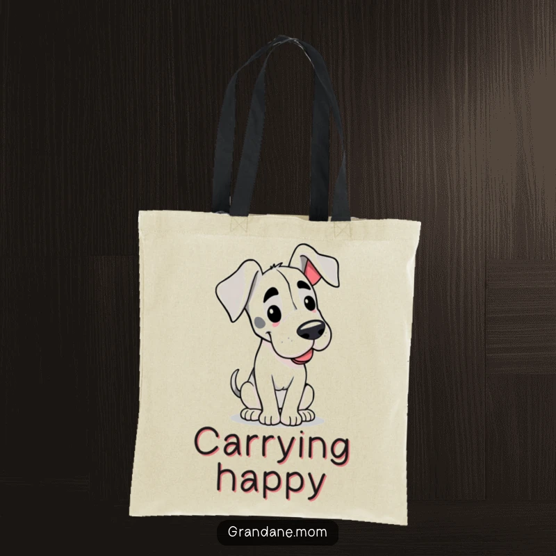 Funny tote bag illustrated with a happy Grand Dane dog, its floppy ears and slow tail wag radiating pure joy.