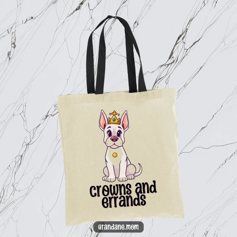 Funny Grand Dane Tote Bag: A majestic Grand Dane sporting a tiny crown, ready to carry your treasures with humorous regal authority.