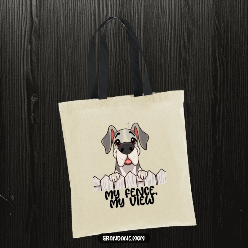 Funny Grand Dane tote bag, a delighted dog peeking over a fence with a friendly gaze, perfect for carrying daily discoveries.