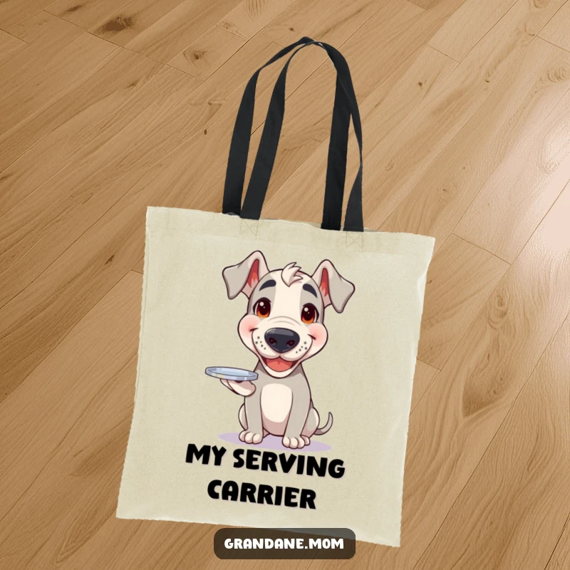Funny Grand Dane tote bag showing a happy dog balancing a small silver tray, ready to serve.