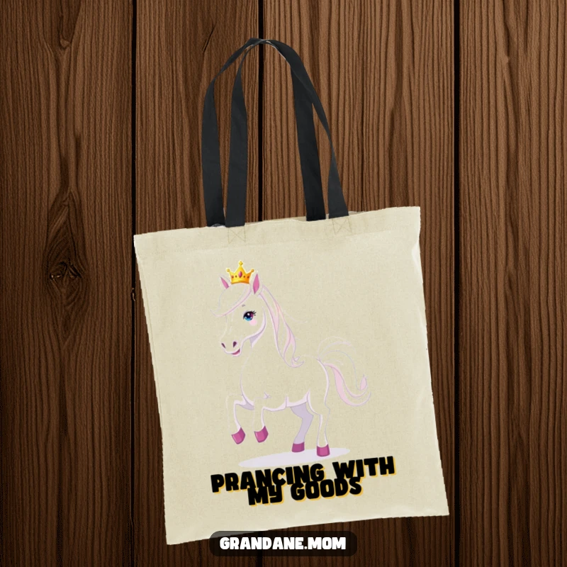 Funny Grand Dane dog with a tiny tiara, prancing playfully on a stylish tote bag, a humorous accessory for giant dog lovers.